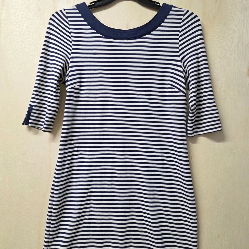 Banana Republic Navy White Striped Sheath Dress Scoop Neck Elbow Sleeve Size 10 - Picture 16 of 16